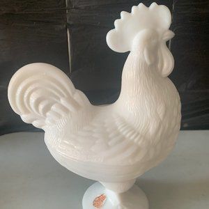 Vintage White Milk Glass Rooster Candy Dish